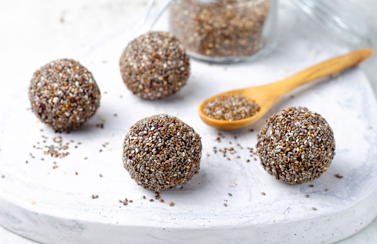 An image of energy balls with chia seeds
