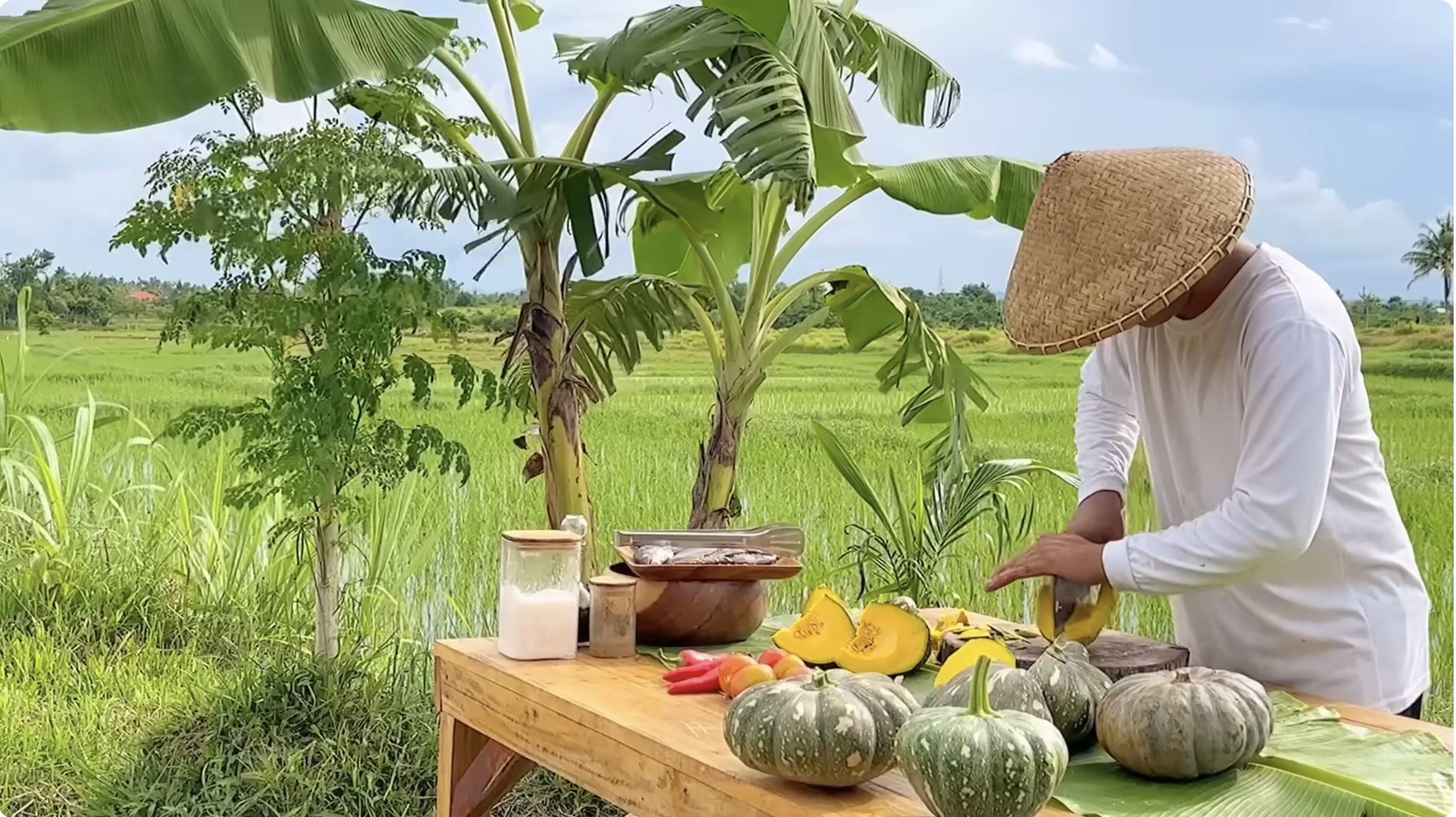 Cooking amidst rice fields: Meaty squash soup and crispy-fried squash i ...