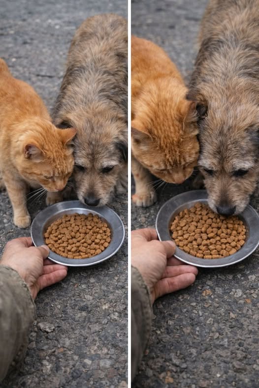 Il gatto guida ogni giorno il cane cieco randagio fino alla ciotola di cibo