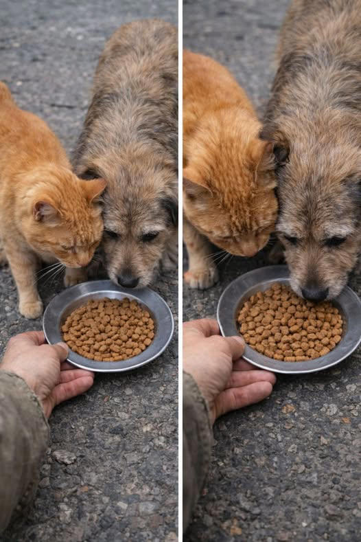 Il gatto guida ogni giorno il cane cieco randagio fino alla ciotola di cibo