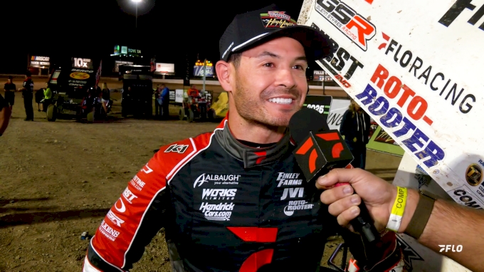 Kyle Larson reacts after beating Corey Day to the line in Las Vegas High Limit opener<br><br>