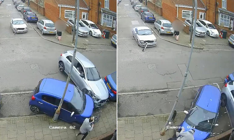 Moment speeding Mercedes driver smashes into parked cars in front of ...