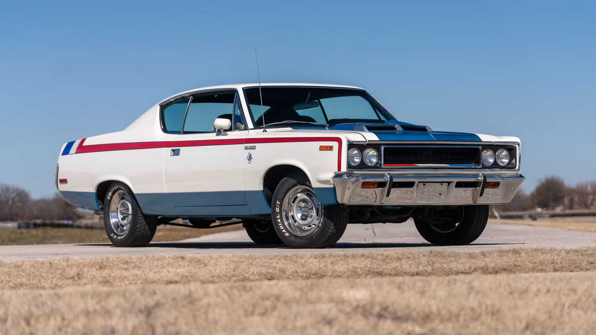 Front 3/4 shot of a 1970 AMC Rebel Machine finished in patriotic livery