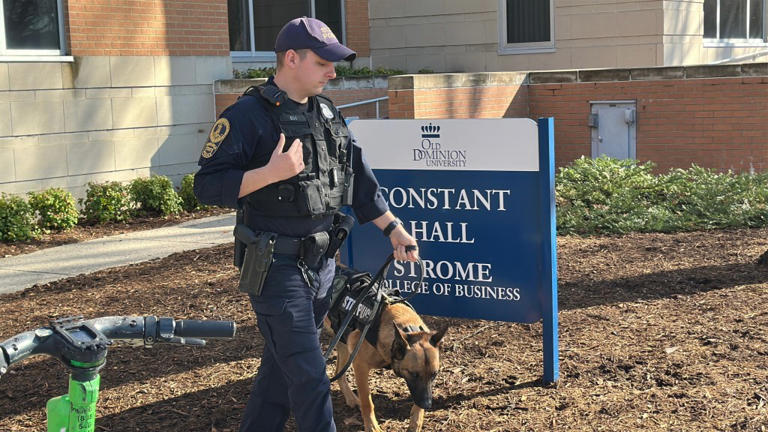 Police are present at Constant Hall, where yesterday’s shooting occurred on Friday, March 13, 2026 at Old Dominion University in Norfolk, Virginia.