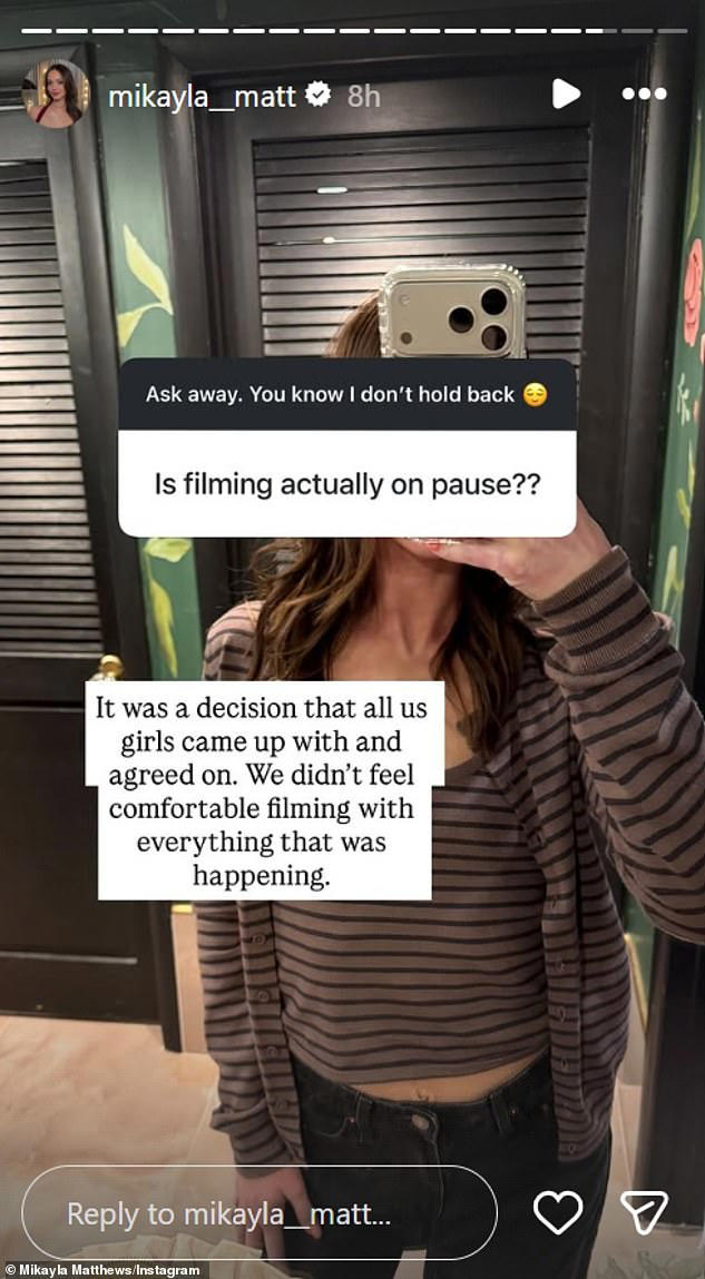 Secret Lives of Mormon Wives star Mikayla Matthews has confirmed production on her show had been put on pause due to the recent controversy surrounding Taylor Frankie Paul and her ex-boyfriend Dakota Mortensen