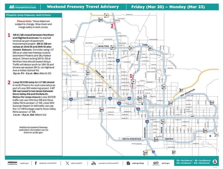 ADOT announces weekend closures on SR 51 and Loop 303 in Phoenix