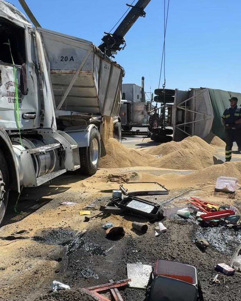 Overturned big rig blocks lanes on Highway 99 in Manteca