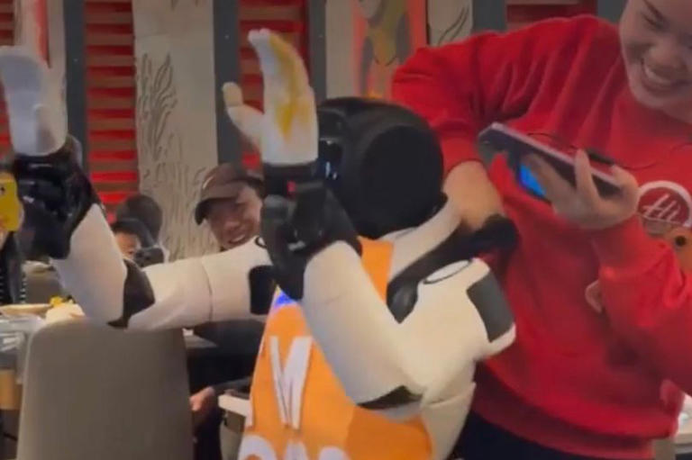 Rogue robot waiter wrestled from table after losing mind with slaps and ...