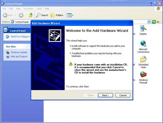 The add hardware wizard on Windows XP.