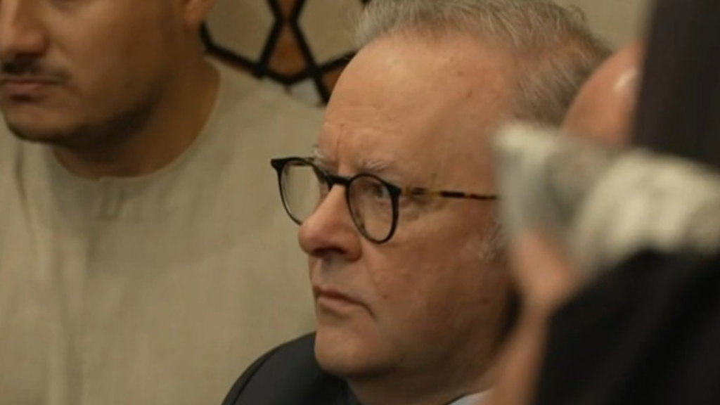 Albanese heckled, protester thrown out after commotion at Lakemba Mosque