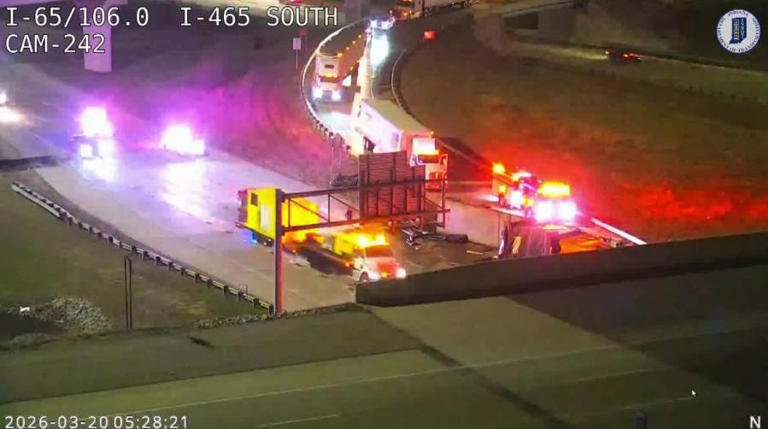 Overturned semi closes ramp, part of I-465 on south side