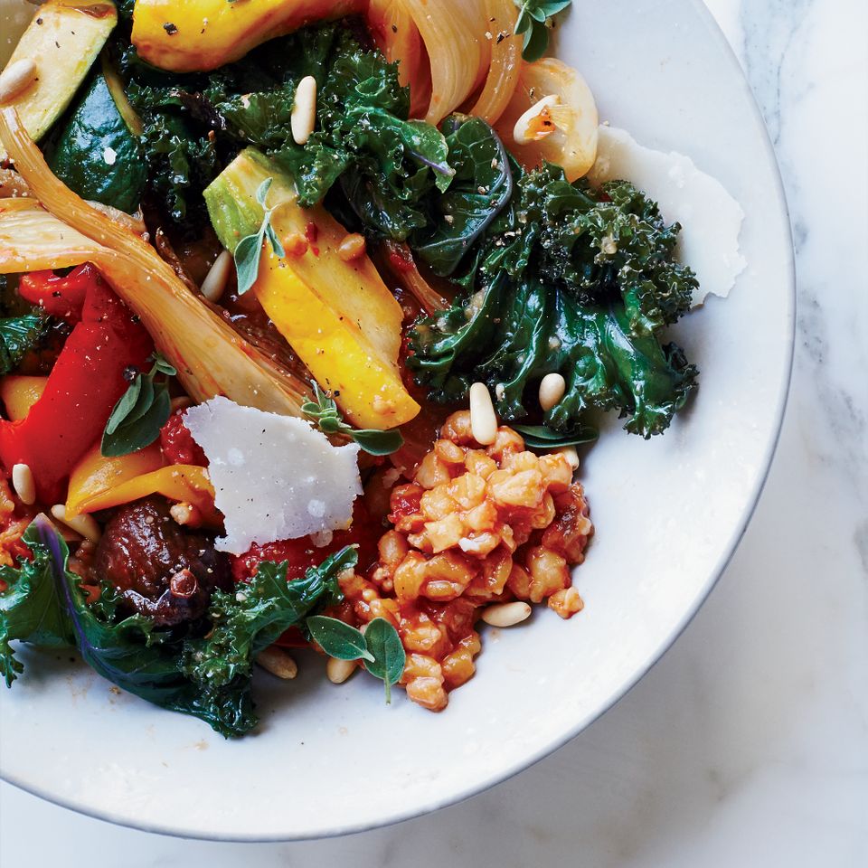 Vegetable Farro Stew with Figs and Pine Nuts