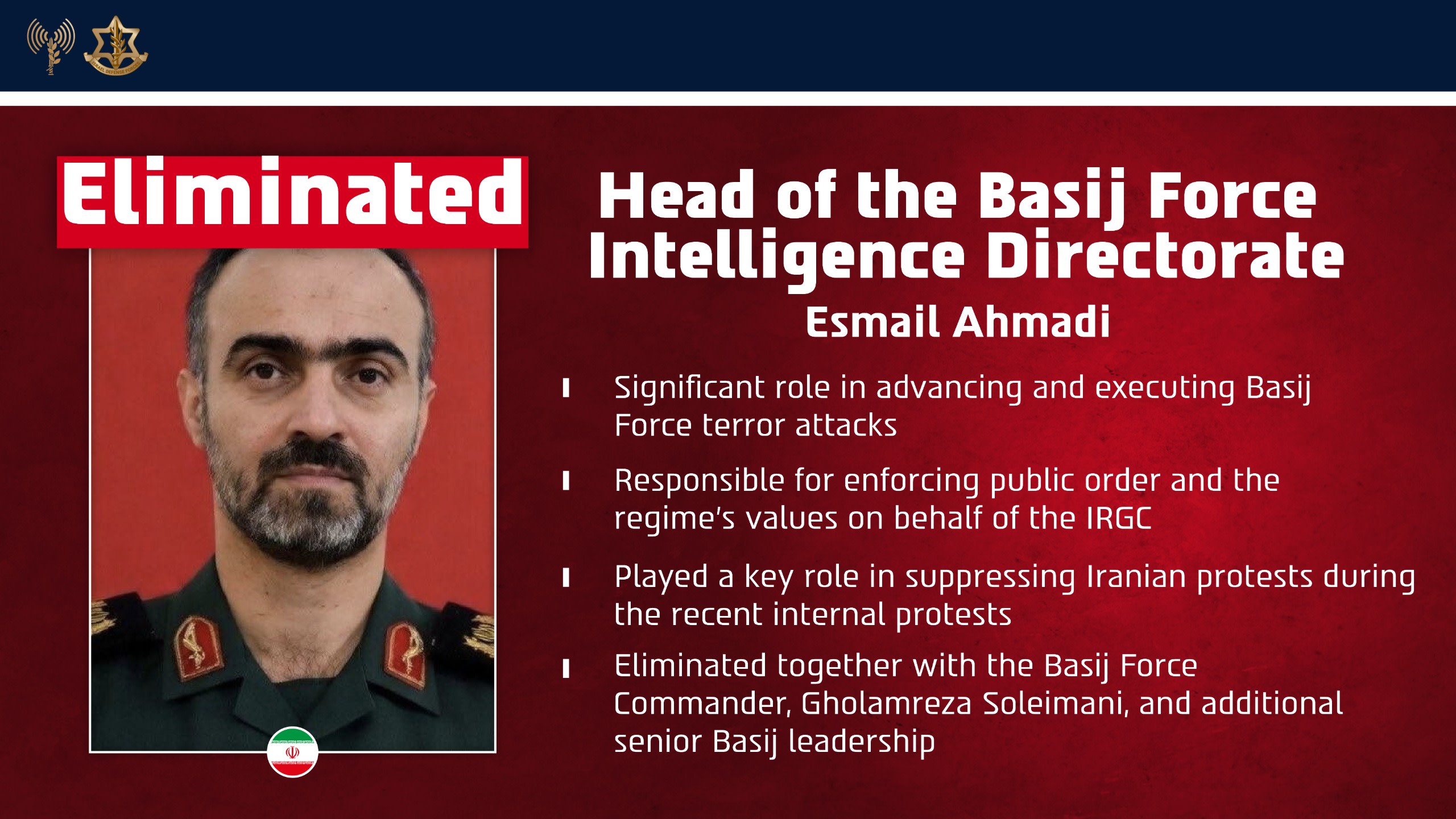 IDF kills Iran's Basij Force intelligence chief in Tehran strike