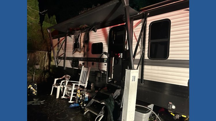 Marysville woman hospitalized after travel trailer catches fire