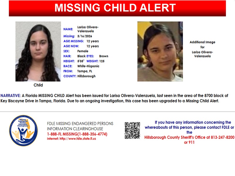Missing child alert issued for 12-year-old Tampa girl