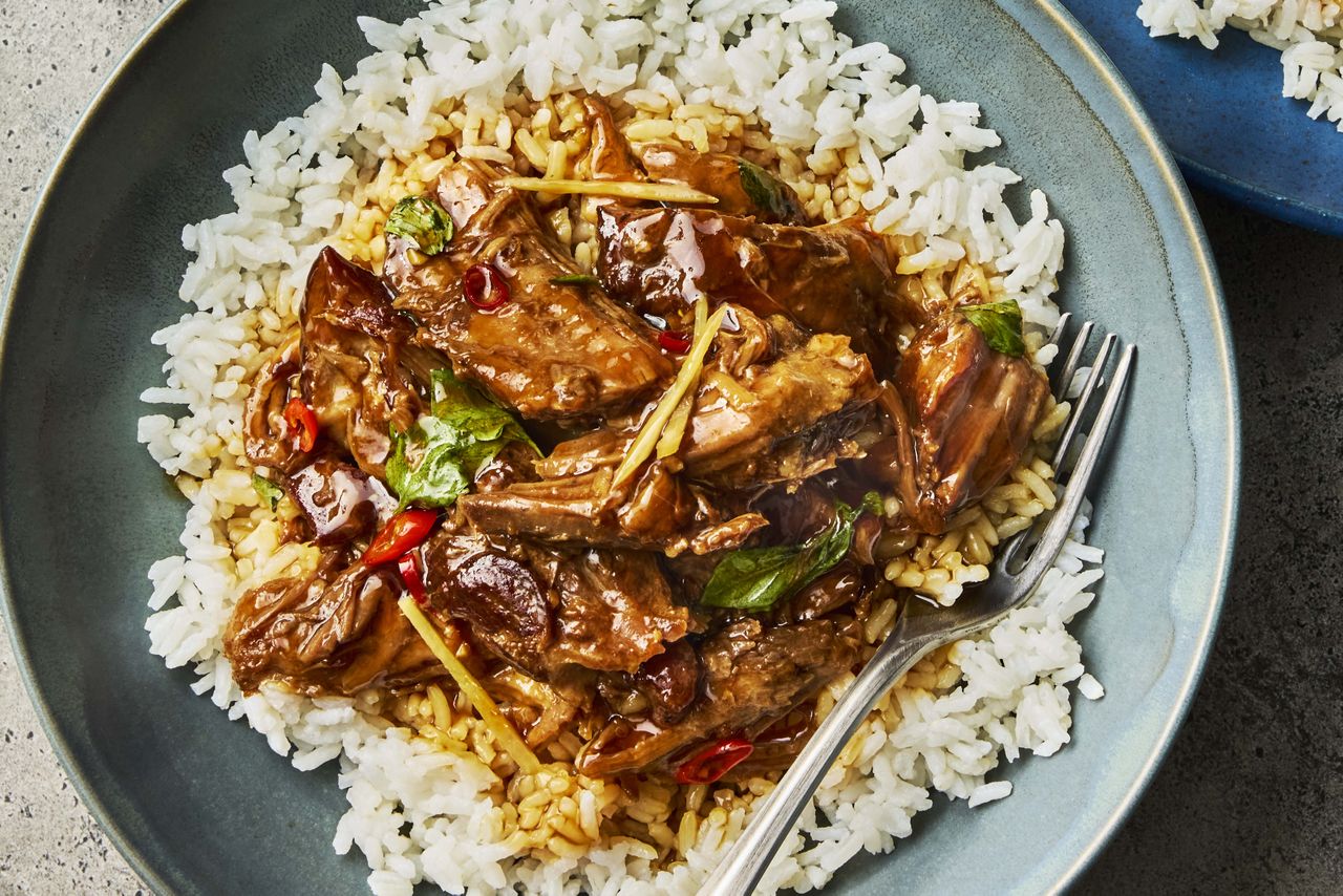 Three-Cup Pork plated with rice