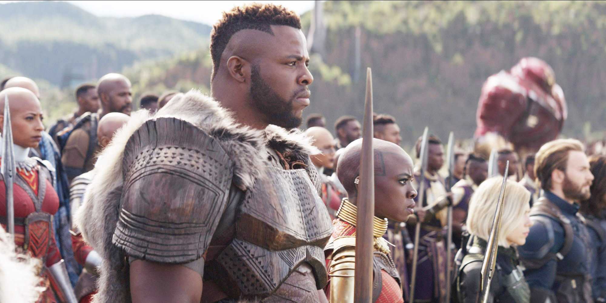 Winston Duke as M'Baku in front of an army in Wakanda in Avengers: Infinity War