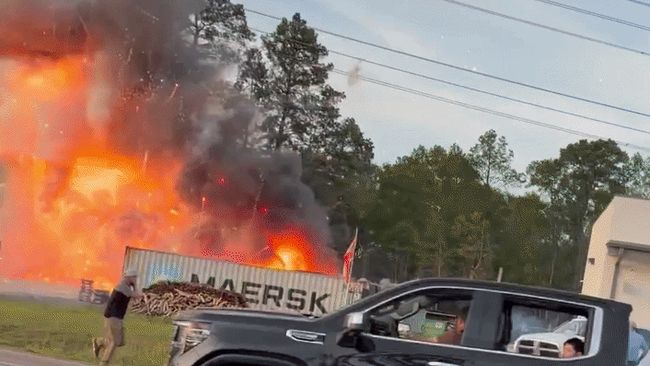 Vehicle fire spreads to fireworks container causing dramatic eruption