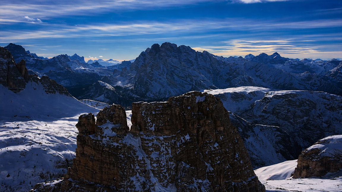 Snow covered peaks rising across a vast alpine landscape