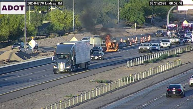 Car catches on fire after 2-vehicle crash along Loop 202 in Gilbert