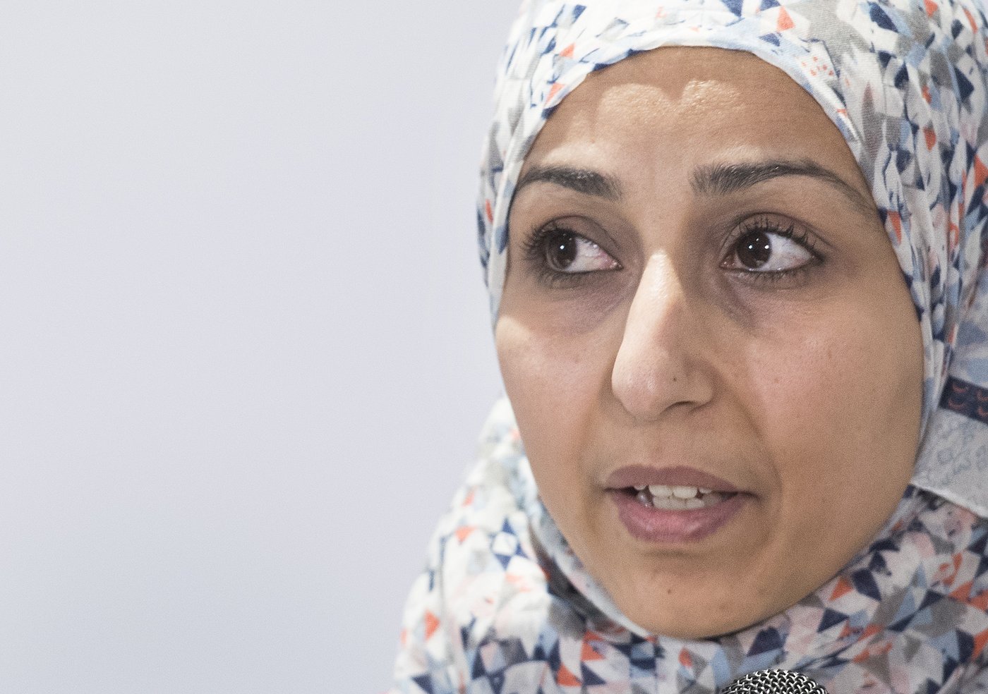Safa Chebbi speaks during a news conference in Montreal, Friday, March 29, 2019. THE CANADIAN PRESS/Graham Hughes