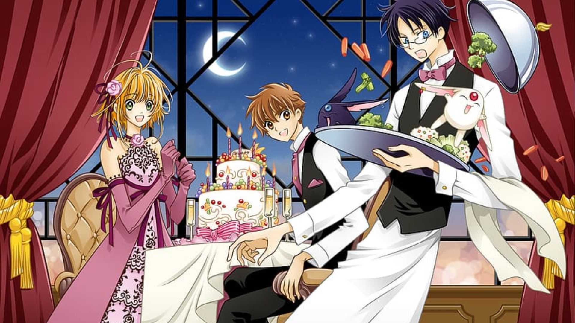Syaoran, Sakura and Watanuki featured in a restaurant style visual for Tsubasa Chronicle x xxxHOLIC crossover