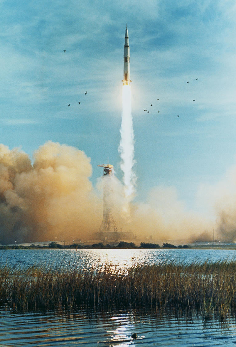 'Apollo 8,' the first manned mission to lunar orbit, departing from Earth.