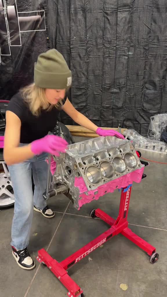Engine assembly progress on classic sports car