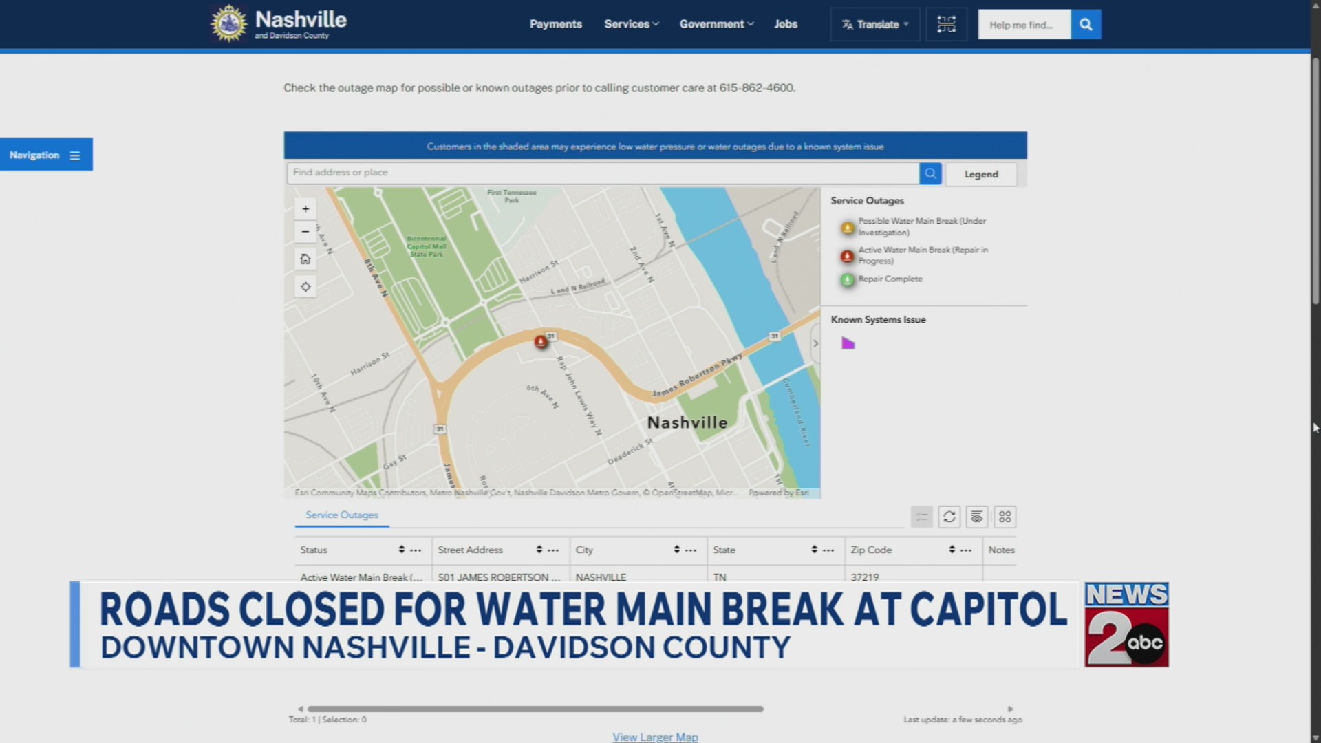 Roads closed near TN State Capitol due to water main break