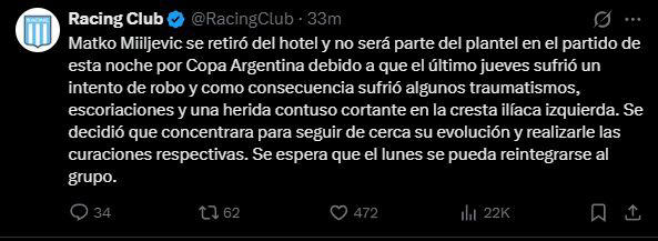 Preocupación en Racing: Matko Miljevic sufrió un violento intento de ...