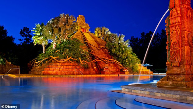 Outside the main tower, it feels like you're walking a street in Mexico and the pool contains an impressive 50-foot Mayan pyramid with water cascading down the steps (seen)