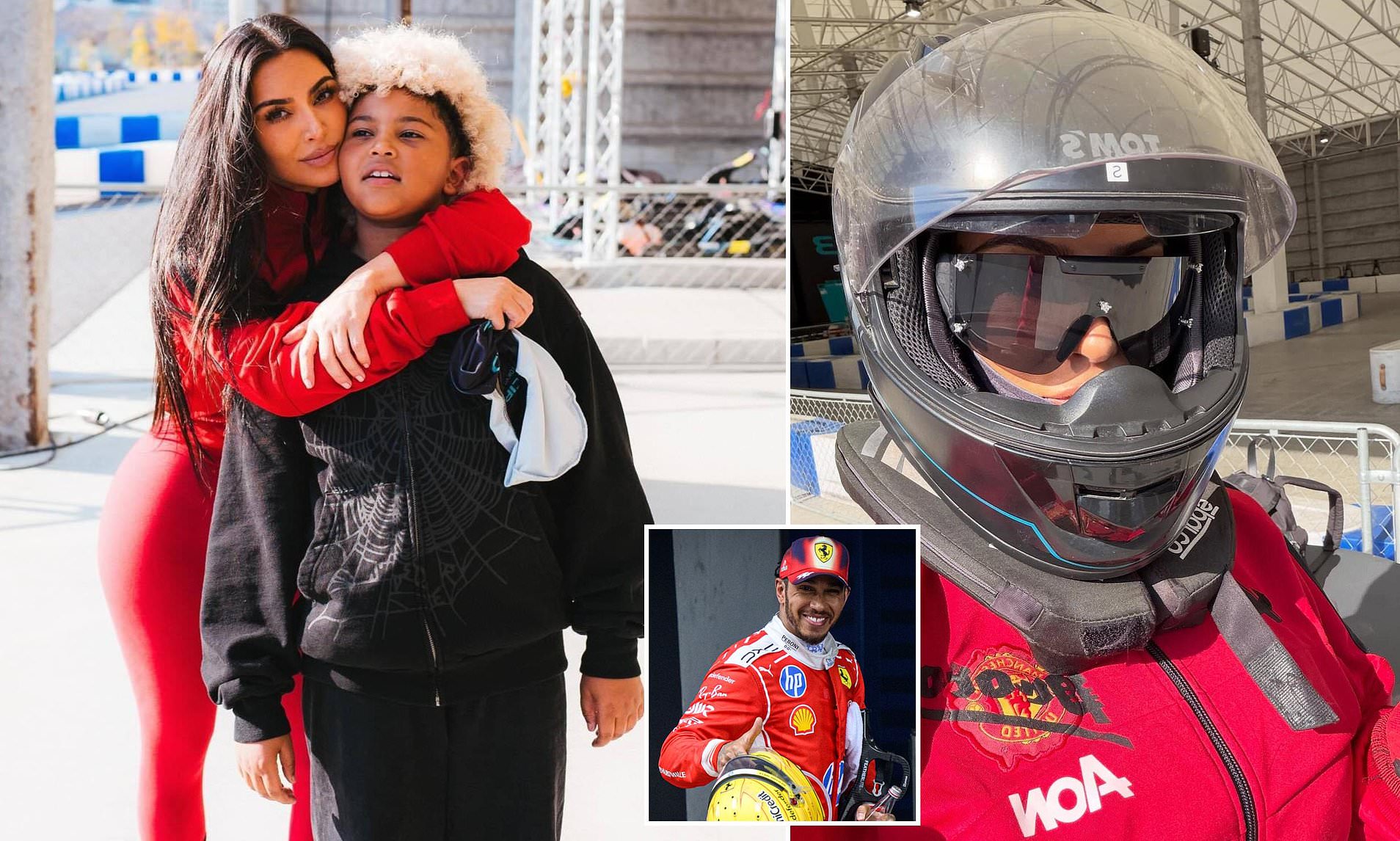 Kim Kardashian channels Lewis Hamilton's F1 look in helmet and racing ...