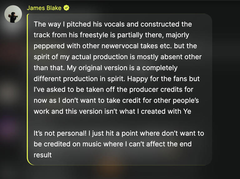 James Blake asks to be removed from Kanye West's 'Bully' production credits