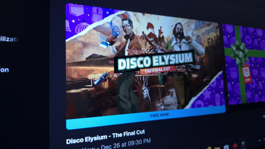 The Epic Games Store's Free Games display, with Disco Elysium on offer