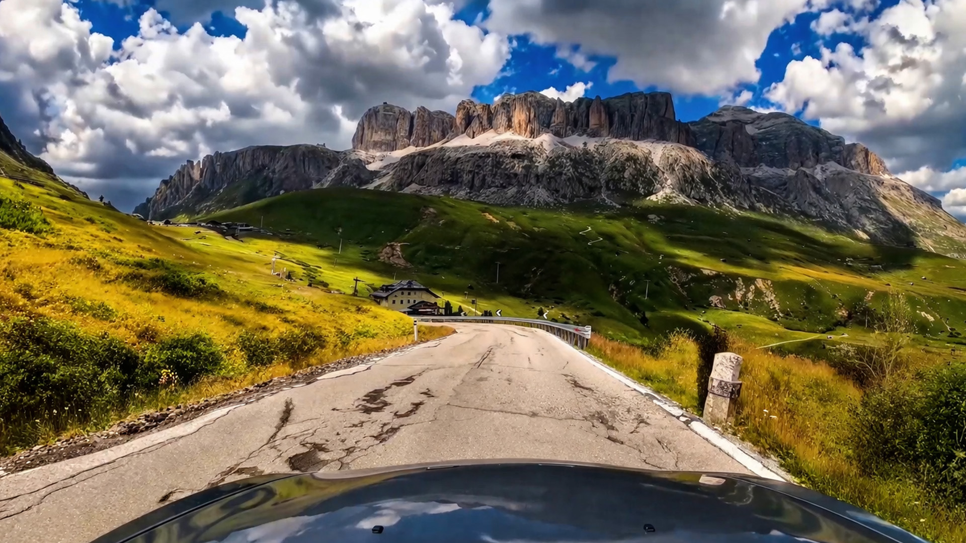 Dolomites Passo Pordoi mountain drive Italy (4K)