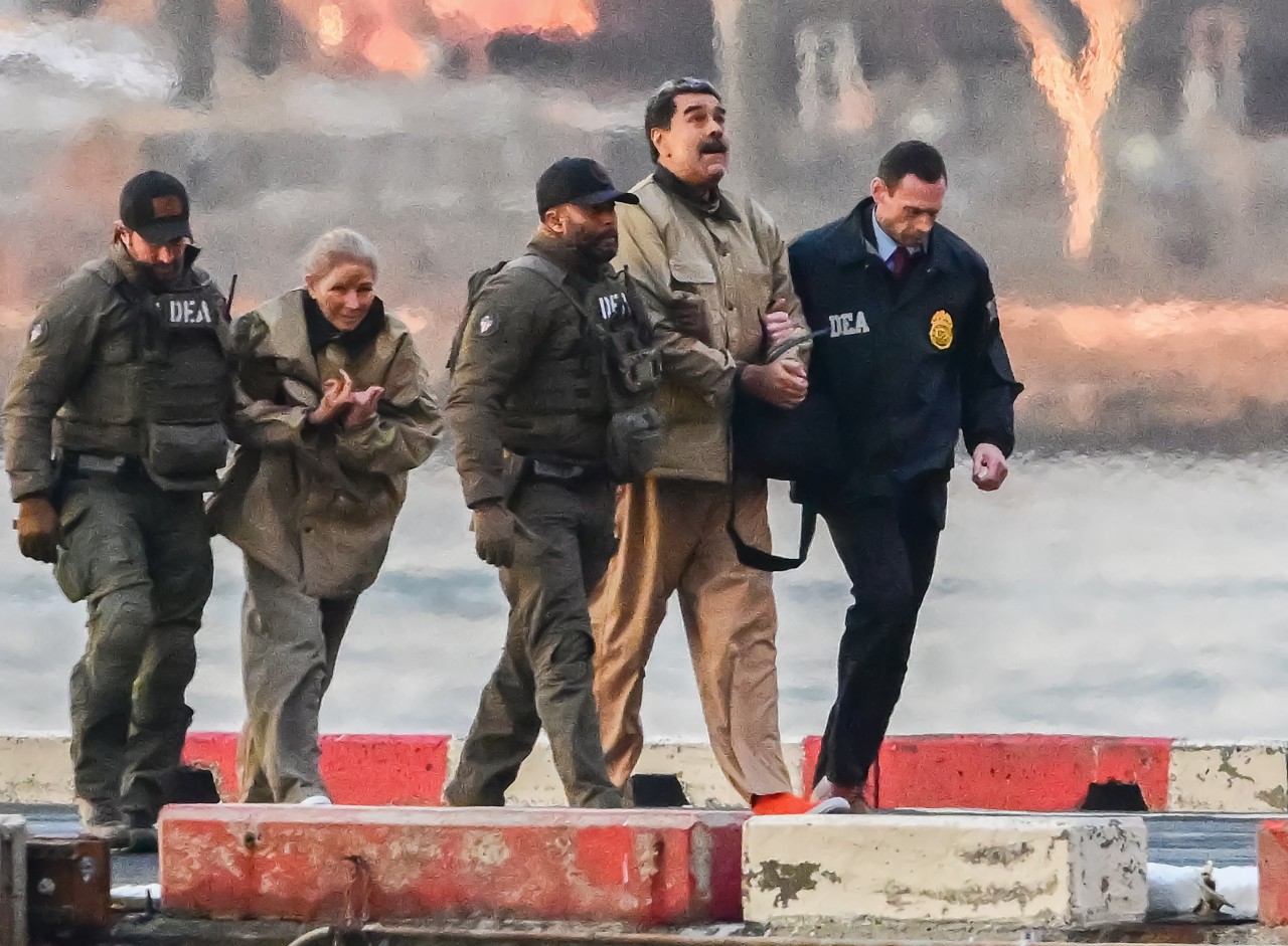 Flores and Maduro are escorted by DEA agents after arriving at a New York City heliport on Jan. 5.