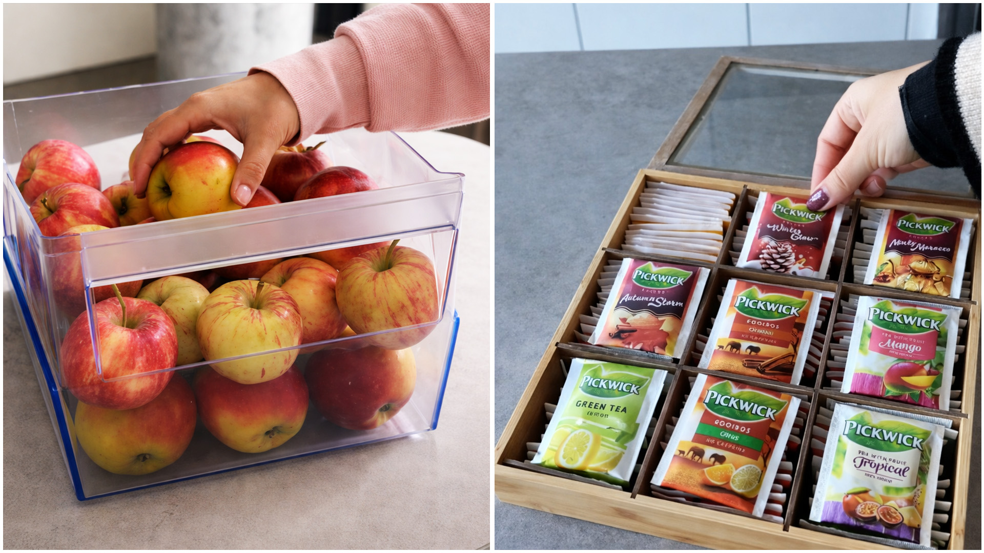 Neat kitchen restock with fresh fruit and tea organization