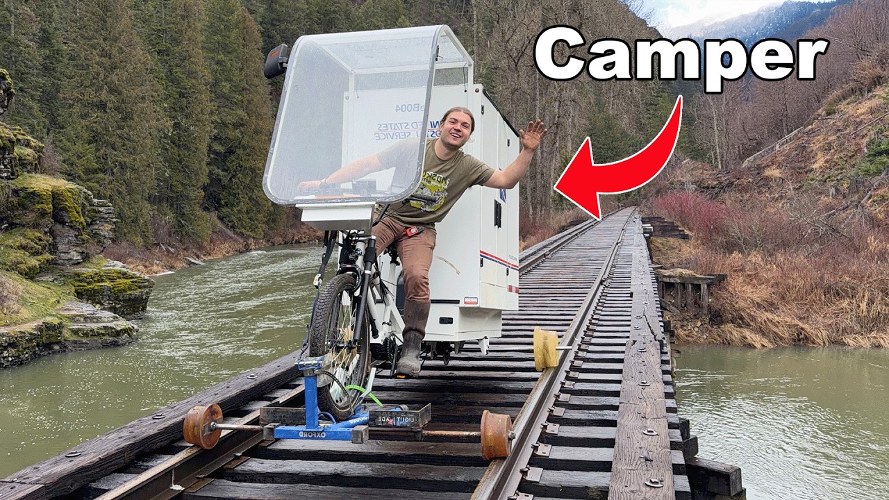 Exploring 100 miles of abandoned railroad on e-bike micro camper - solo camping<br>