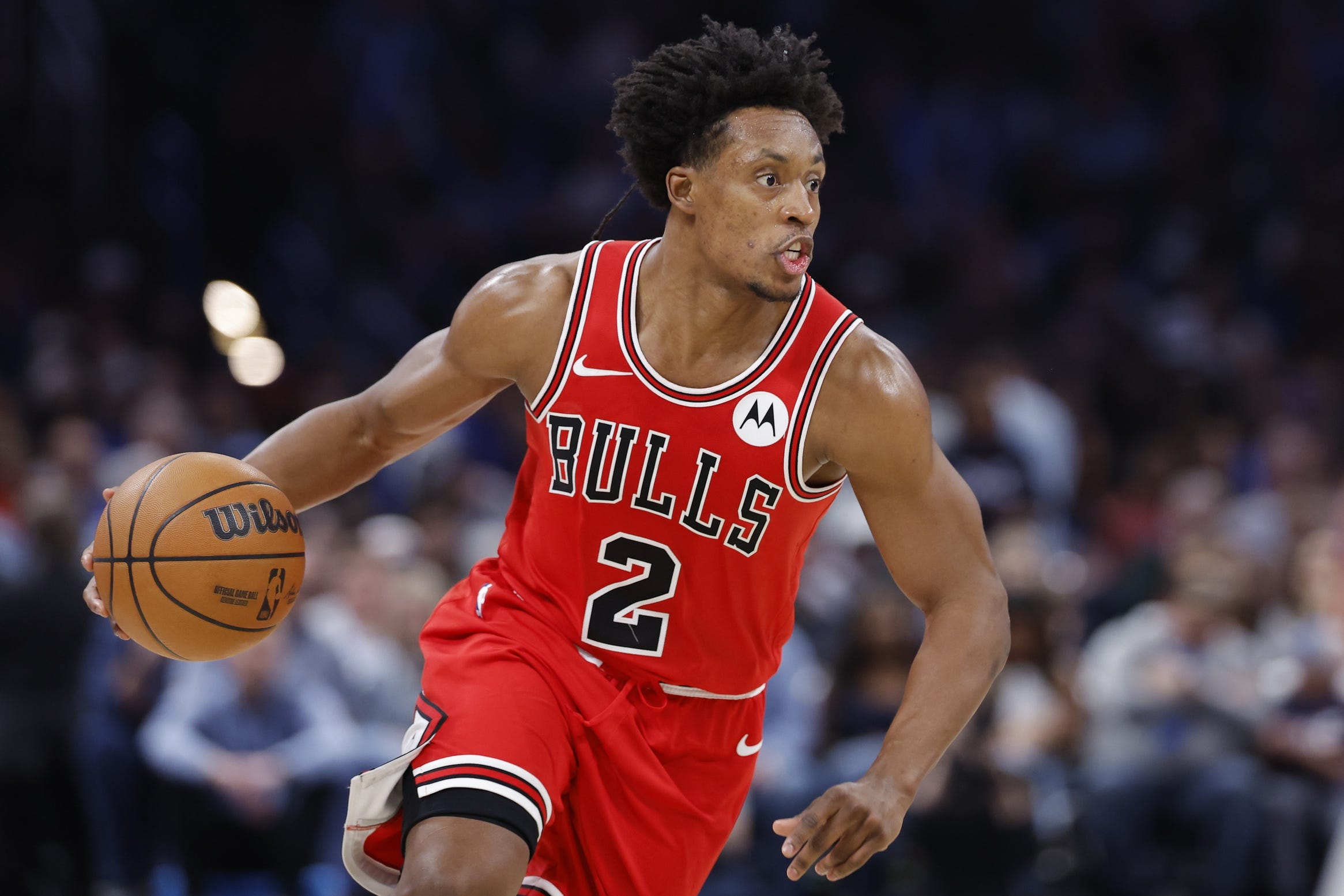 Mar 27, 2026; Oklahoma City, Oklahoma, USA; Chicago Bulls guard Collin Sexton (2) dribbles down the court against the Oklahoma City Thunder during the second half at Paycom Center. Mandatory Credit: Alonzo Adams-Imagn Images