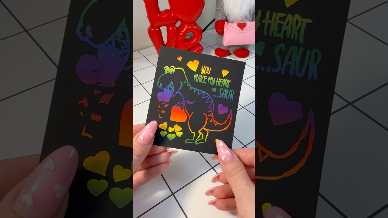 ASMR scratch art unboxing: Colorful Valentine fun! 🦖♥️