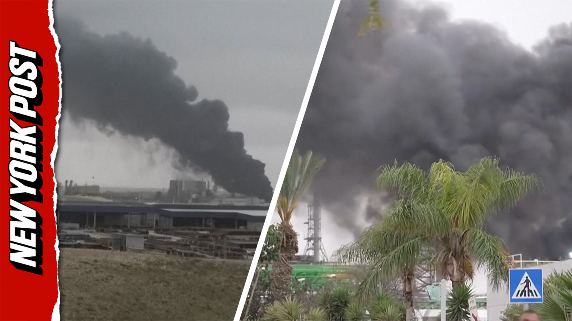 Smoke rises from a damaged industrial facility following an overnight missile strike.