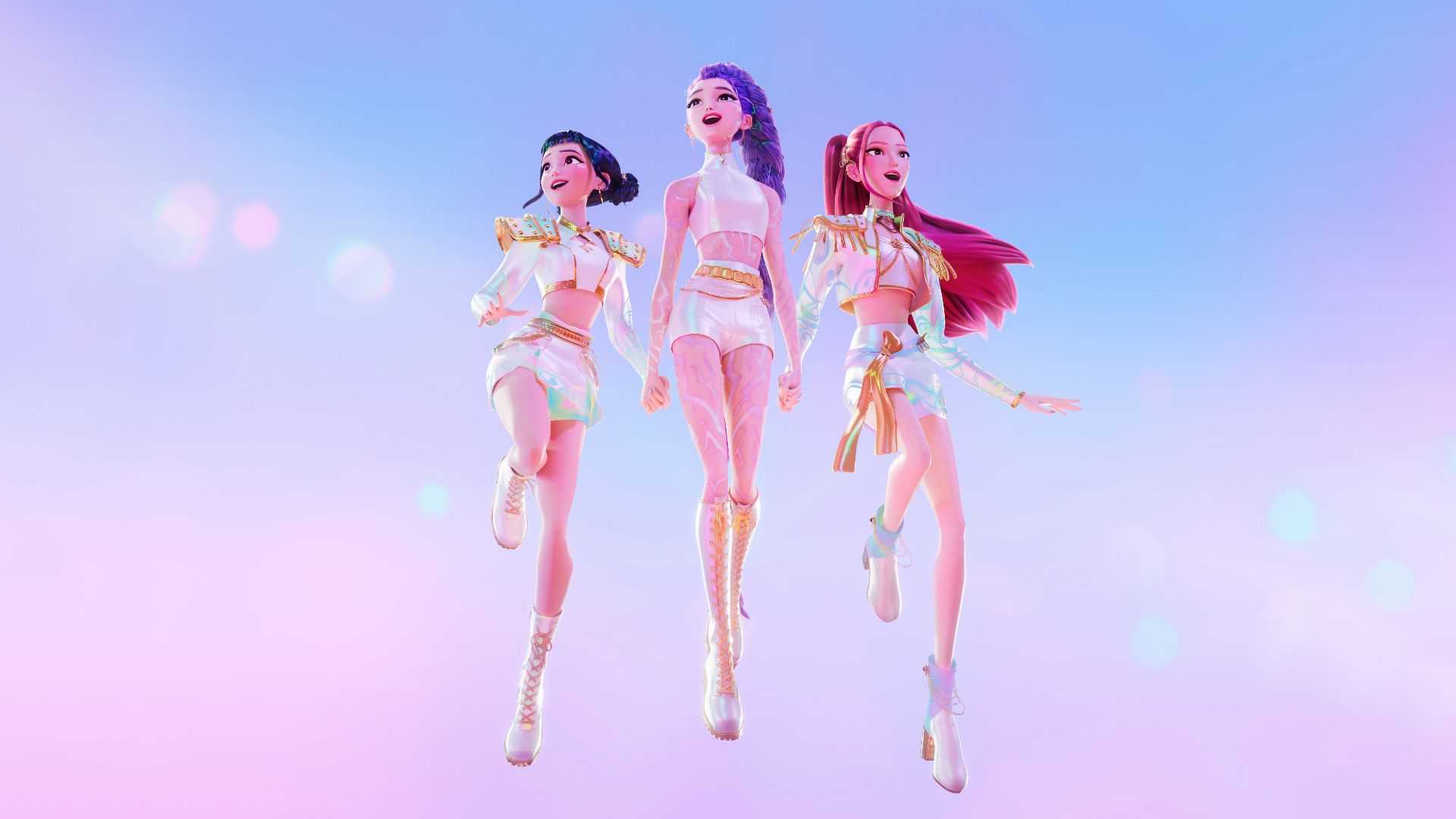 Zoey, Rumi and Mira float in the sky performing 'What It Sounds Like' in KPop Demon Hunters