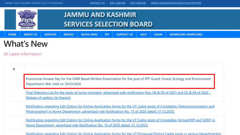 JKSSB FPF answer key 2026 released for guard posts; download PDF here