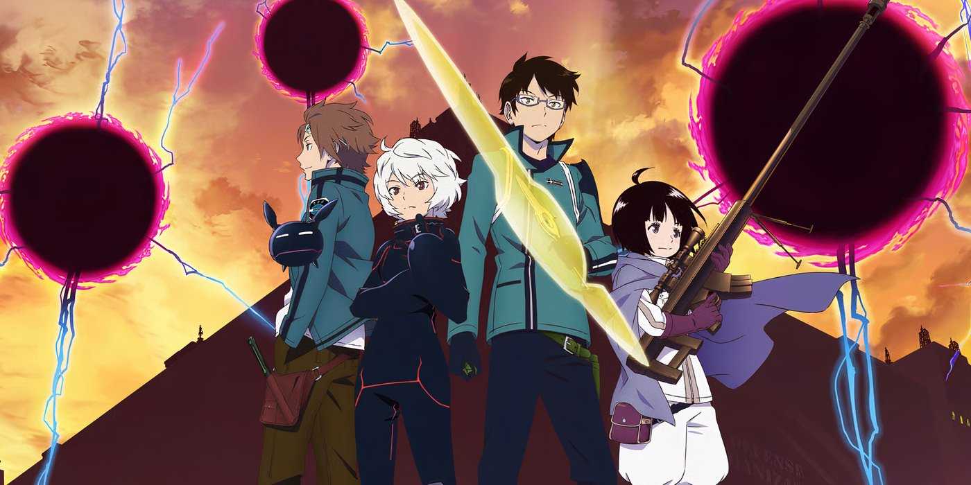 Yuma Kuga stands with the World Trigger cast in front of large pyramid