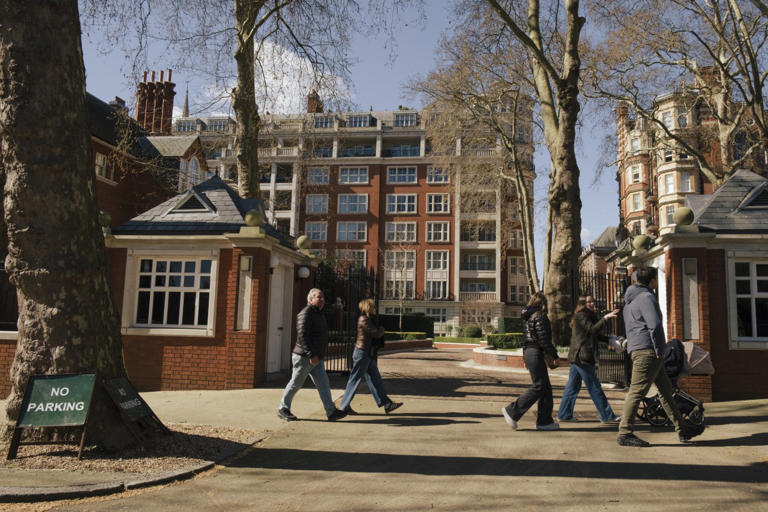 A building housing apartments tied to Ansari in London’s high-end Kensington neighborhood.