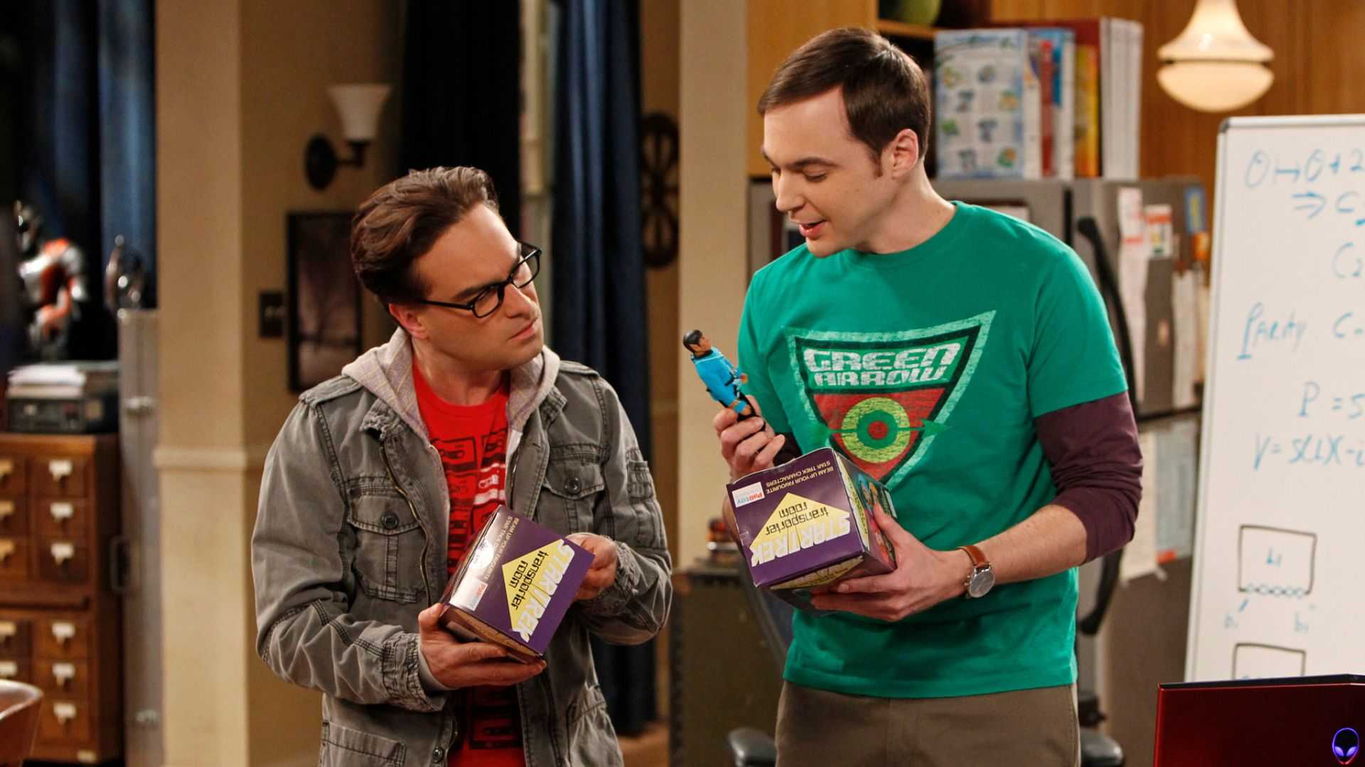 Leonard and Sheldon looking at a Star Trek figurine