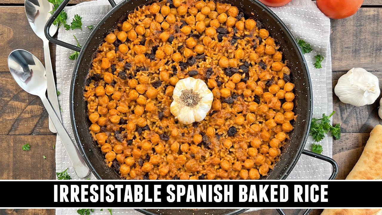 Spanish baked rice with chickpeas and raisins