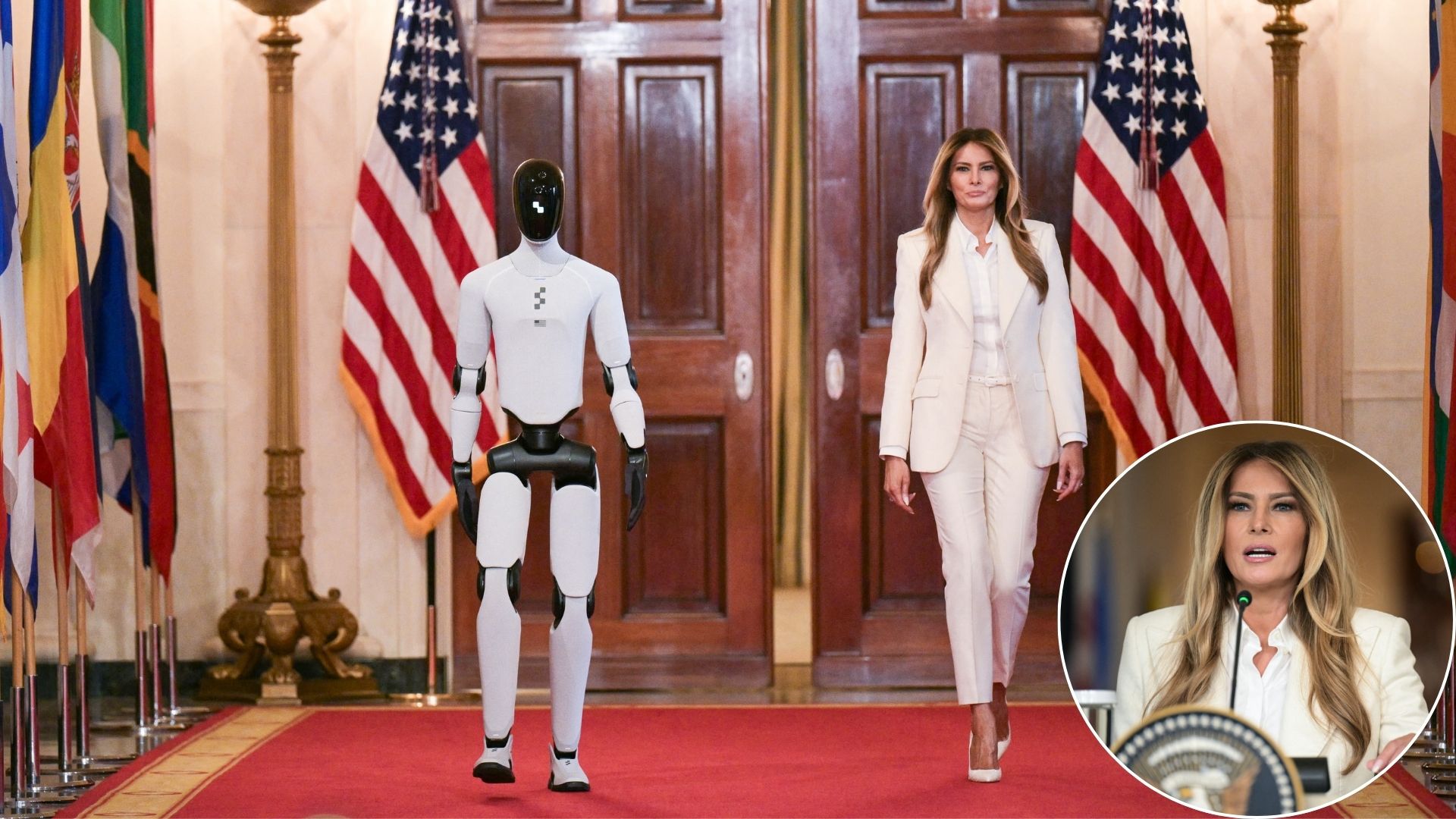 Melania Trump se pr&eacute;sente devant Brigitte Macron avec un robot humano&iuml;de