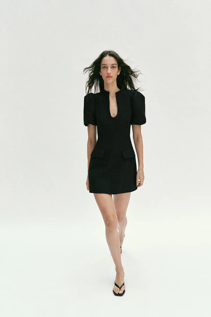 green emerald velvet dress Zara Black Woven Short Sleeve Skater Dress