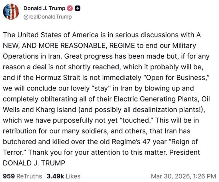 Captura de pantalla de la publicación del presidente estadounidense Donald Trump en Truth Social, 30 de marzo de 2026. @realDonaldTrump